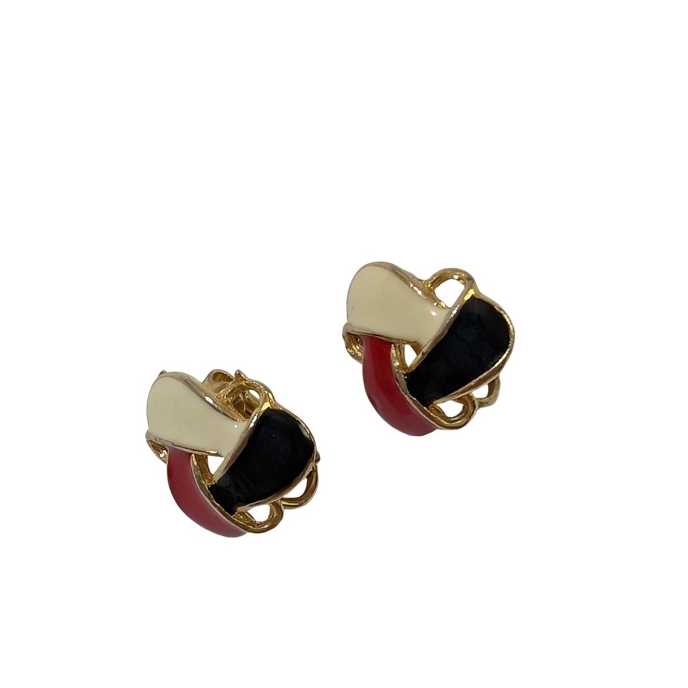 Vintage Tri-Color Enamel Clip On Earrings Gold Tone Geometric Black Red Cream